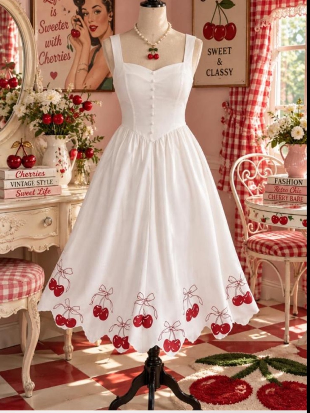Retro White Midi Dress with Red Cherry Hem – Vintage-Inspired
